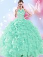 Cute Floor Length Apple Green Quinceanera Gowns Halter Top Sleeveless Lace Up