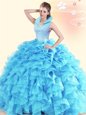 Affordable Aqua Blue Backless High-neck Beading and Ruffles 15th Birthday Dress Organza Sleeveless
