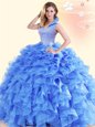 Inexpensive Blue Sleeveless Floor Length Beading and Ruffles Backless Vestidos de Quinceanera