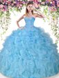 Super Floor Length Blue And White Quinceanera Gown Organza Sleeveless Beading and Ruffles
