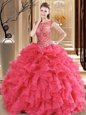 Modern Coral Red Ball Gowns Scoop Sleeveless Organza Floor Length Lace Up Beading and Ruffles Sweet 16 Quinceanera Dress