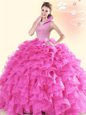 Hot Pink Organza Backless High-neck Sleeveless Floor Length Ball Gown Prom Dress Beading and Ruffles