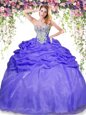 Sleeveless Organza Floor Length Lace Up Quinceanera Gowns in Lavender for with Beading and Pick Ups