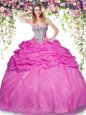 Floor Length Lace Up Quince Ball Gowns Hot Pink and In for Military Ball and Sweet 16 and Quinceanera with Beading and Pick Ups