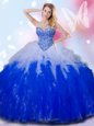 Blue And White Ball Gowns Beading and Ruffles Quinceanera Gown Lace Up Tulle Sleeveless Floor Length