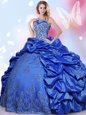 Halter Top Blue Taffeta Lace Up Quinceanera Gowns Sleeveless Floor Length Beading and Lace and Appliques and Pick Ups