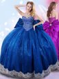 Sweetheart Sleeveless Ball Gown Prom Dress Floor Length Beading and Ruffles Blue And White Organza