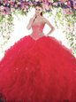 Red Sleeveless Floor Length Beading Lace Up 15th Birthday Dress