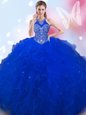 Halter Top Beading Quince Ball Gowns Royal Blue Lace Up Sleeveless