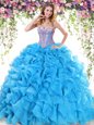 Cute Baby Blue 15th Birthday Dress Organza Sweep Train Sleeveless Beading and Ruffles