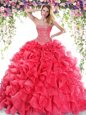 Fashionable Red Sweetheart Lace Up Beading and Ruffles Quinceanera Gowns Sweep Train Sleeveless