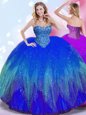 High End Royal Blue Ball Gowns Beading 15th Birthday Dress Lace Up Tulle Sleeveless Floor Length