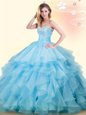 Baby Blue Sleeveless Beading and Ruffles Floor Length Quince Ball Gowns
