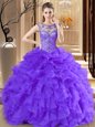 Extravagant Purple Ball Gowns Organza Scoop Sleeveless Beading and Ruffles Floor Length Lace Up 15 Quinceanera Dress