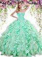 High End Floor Length Lace Up Sweet 16 Dress Apple Green and In for Military Ball and Sweet 16 and Quinceanera with Beading and Ruffles