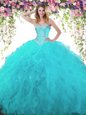 Vintage Teal Ball Gowns Sweetheart Sleeveless Organza and Tulle Floor Length Lace Up Beading and Ruffles Quinceanera Dresses