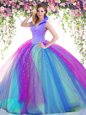 Cute Backless High-neck Sleeveless 15th Birthday Dress Floor Length Beading Multi-color Satin and Tulle