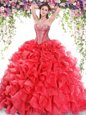 Red Sweet 16 Dresses Military Ball and Sweet 16 and Quinceanera and For with Beading and Ruffles Sweetheart Sleeveless Sweep Train Lace Up
