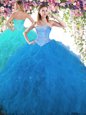 Most Popular Halter Top Sleeveless Floor Length Beading and Lace and Appliques and Pick Ups Lace Up 15 Quinceanera Dress with Teal