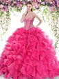 Deluxe Sweetheart Sleeveless Sweep Train Lace Up Sweet 16 Quinceanera Dress Hot Pink Organza