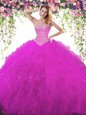 Sleeveless Tulle Floor Length Lace Up 15 Quinceanera Dress in Fuchsia for with Beading