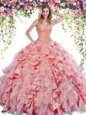 Inexpensive Sweetheart Sleeveless Quinceanera Dresses Floor Length Beading and Pick Ups Watermelon Red Organza and Taffeta