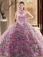 Multi-color Fabric With Rolling Flowers Lace Up Halter Top Sleeveless With Train Sweet 16 Quinceanera Dress Brush Train Beading