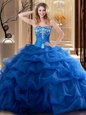 Royal Blue Sleeveless Embroidery and Ruffles Floor Length Quince Ball Gowns