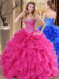Hot Pink Sleeveless Organza Lace Up Sweet 16 Dress for Military Ball and Sweet 16 and Quinceanera