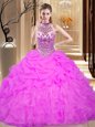 Halter Top Lilac Sleeveless Floor Length Beading and Ruffles and Pick Ups Lace Up 15 Quinceanera Dress