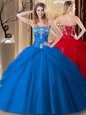 New Arrival Sleeveless Tulle Floor Length Lace Up Quinceanera Dresses in Royal Blue for with Embroidery
