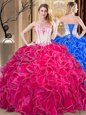 Most Popular Coral Red Ball Gowns Strapless Sleeveless Organza Floor Length Lace Up Embroidery and Ruffles 15th Birthday Dress