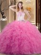 Rose Pink Sleeveless Tulle Lace Up 15 Quinceanera Dress for Military Ball and Sweet 16 and Quinceanera