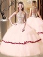 Scoop Sleeveless Floor Length Beading and Appliques Lace Up Quince Ball Gowns with Peach