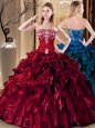 Flare Wine Red Ball Gowns Sweetheart Sleeveless Organza Floor Length Lace Up Embroidery and Ruffles Sweet 16 Dress