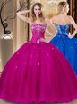 Romantic Floor Length Fuchsia Sweet 16 Dress Tulle Sleeveless Beading and Embroidery