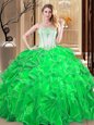 Green Lace Up Strapless Embroidery and Ruffles Quinceanera Gowns Organza Sleeveless