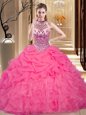 Unique Hot Pink Lace Up Halter Top Beading and Ruffles and Pick Ups Quinceanera Gown Organza Sleeveless