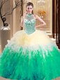 Graceful Halter Top Sleeveless Floor Length Beading and Ruffles Lace Up Quinceanera Dress with Multi-color