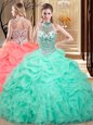 Halter Top Sleeveless Organza Floor Length Lace Up Quinceanera Dresses in Apple Green for with Beading and Ruffles and Pick Ups