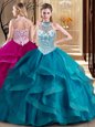 Clearance Halter Top With Train Ball Gowns Sleeveless Teal Sweet 16 Dress Brush Train Lace Up