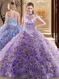 Spectacular Halter Top Sleeveless Sweet 16 Dresses With Brush Train Beading Multi-color Fabric With Rolling Flowers