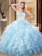 Light Blue Lace Up Strapless Embroidery and Ruffles Quinceanera Gown Organza Sleeveless