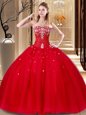 Low Price Red Tulle Lace Up Sweet 16 Quinceanera Dress Sleeveless Floor Length Beading and Embroidery