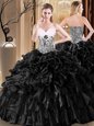 Black Lace Up Sweetheart Ruffles and Pattern 15th Birthday Dress Organza Sleeveless