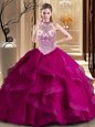 Smart Fuchsia Ball Gowns Tulle Halter Top Sleeveless Beading and Ruffles With Train Lace Up Quinceanera Gown Brush Train
