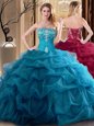 Teal Tulle Lace Up Sweetheart Sleeveless Floor Length Sweet 16 Quinceanera Dress Embroidery and Ruffles
