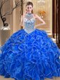 Custom Fit Halter Top Royal Blue Ball Gowns Beading and Ruffles Quinceanera Gown Lace Up Organza Sleeveless Floor Length