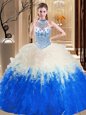 Halter Top Sleeveless Tulle Floor Length Lace Up Quince Ball Gowns in Blue And White for with Beading and Ruffles
