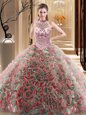 Halter Top Fabric With Rolling Flowers Sleeveless With Train Ball Gown Prom Dress Brush Train and Beading